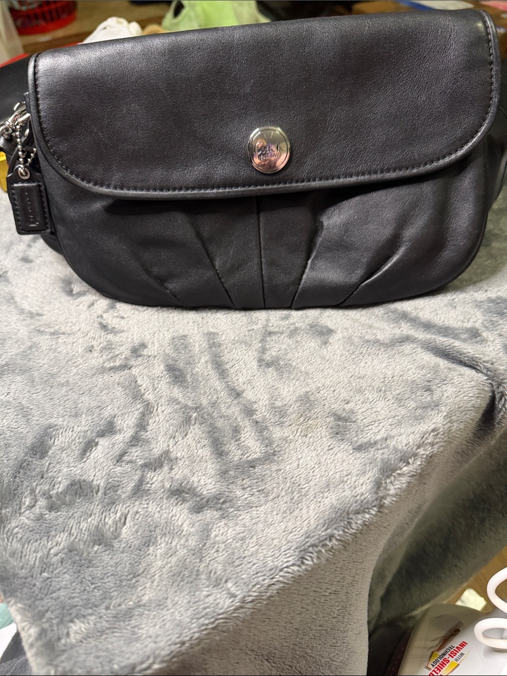 Coach Bleecker Black Leather Gathered/Pleated Flap Wristlet Clutch